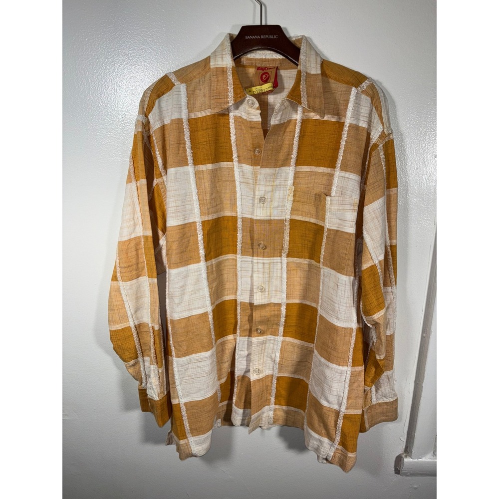 Vintage BayCreek‎ Button Down Shirt Mens Sz M Yellow Plaid Textured Patchwork